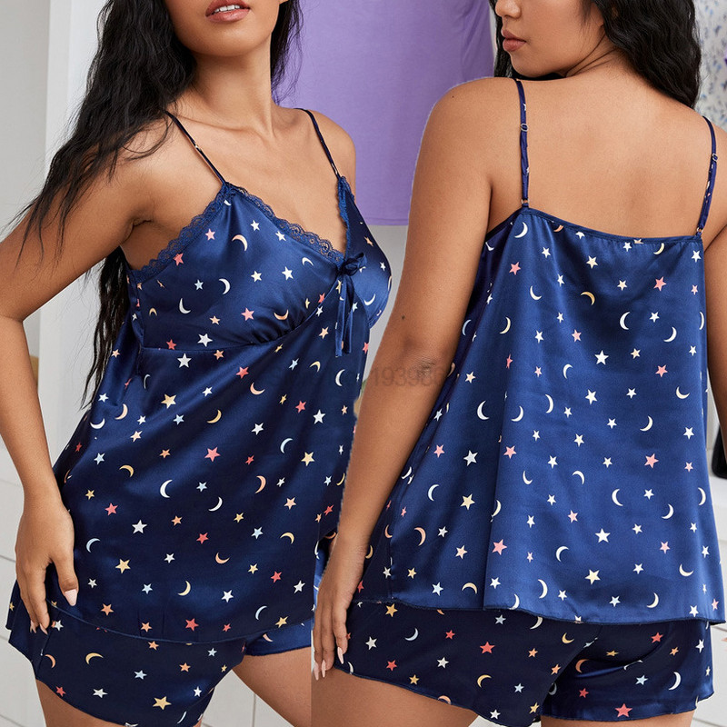 Pidžamas Divdaļīgs Cami&Šorti Apdruka Moon&Strar Pour Femme Mājas Apģērbi Satīna Miega komplekts Vasaras naktskrekls Guļambikses atpūtas apģērbs