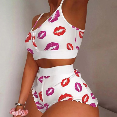 Ljetni ženski komplet pidžama od 2 komada Kawaii s printom jagoda na rubu Cami Pidžama Femme Cute Crop Top & Shorts Odijela Ženska odjeća za spavanje