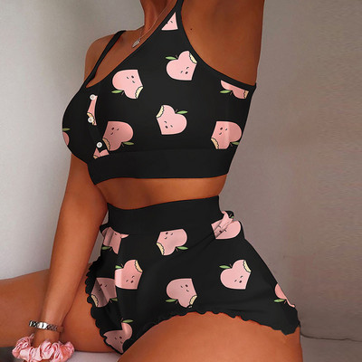 Suvine naiste 2-osaline Kawaii maasikaprinteriga sats Cami pidžaamakomplekt Femme Cute Crop topp ja lühikesed püksid, mis sobivad naiste magamisriided