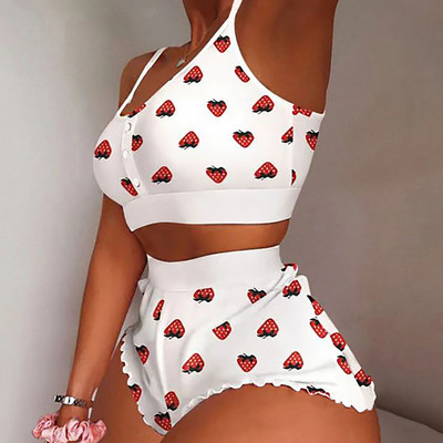 Suvine naiste 2-osaline Kawaii maasikaprinteriga sats Cami pidžaamakomplekt Femme Cute Crop topp ja lühikesed püksid, mis sobivad naiste magamisriided