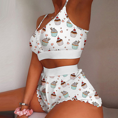 Suvine naiste 2-osaline Kawaii maasikaprinteriga sats Cami pidžaamakomplekt Femme Cute Crop topp ja lühikesed püksid, mis sobivad naiste magamisriided