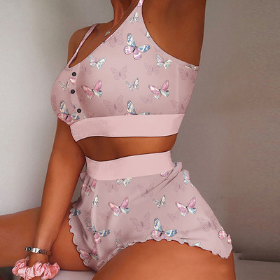 Suvine naiste 2-osaline Kawaii maasikaprinteriga sats Cami pidžaamakomplekt Femme Cute Crop topp ja lühikesed püksid, mis sobivad naiste magamisriided