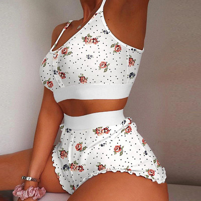Suvine naiste 2-osaline Kawaii maasikaprinteriga sats Cami pidžaamakomplekt Femme Cute Crop topp ja lühikesed püksid, mis sobivad naiste magamisriided