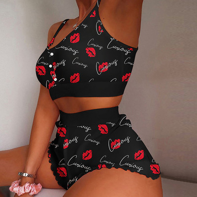 Suvine naiste 2-osaline Kawaii maasikaprinteriga sats Cami pidžaamakomplekt Femme Cute Crop topp ja lühikesed püksid, mis sobivad naiste magamisriided