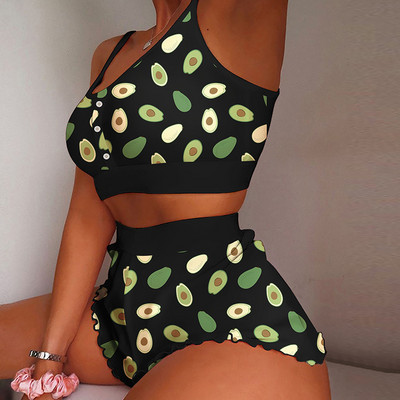 Suvine naiste 2-osaline Kawaii maasikaprinteriga sats Cami pidžaamakomplekt Femme Cute Crop topp ja lühikesed püksid, mis sobivad naiste magamisriided