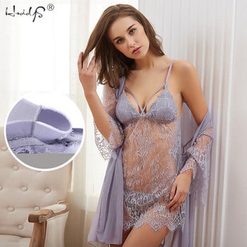 Δαντελένια σέξι εσώρουχα Σετ γυναικεία Sleepwear V λαιμό νυχτικό ρόμπα και στρινγκ Κοστούμι ύπνου 3 Σετ πιτζάμες για γυναικεία ρόμπα και ρόμπα