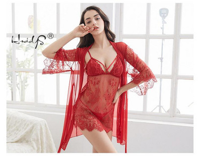 Pits Seksikas pesukomplekt Kuum naiste magamisriided V kaelusega öösärgi mantel ja stringid magamiskostüüm 3 pidžaamakomplekti naistele hommikumantli ja kleidi komplekt