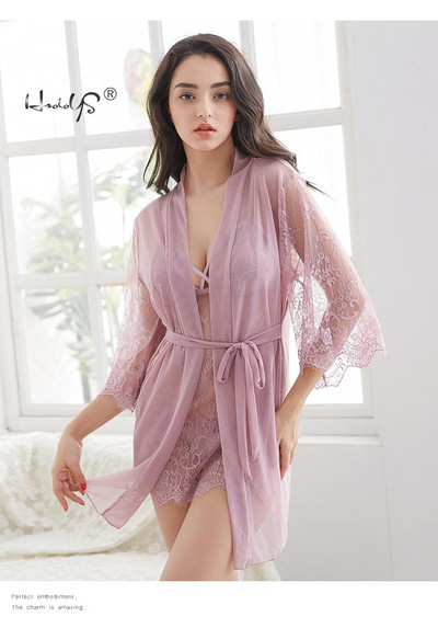 Pits Seksikas pesukomplekt Kuum naiste magamisriided V kaelusega öösärgi mantel ja stringid magamiskostüüm 3 pidžaamakomplekti naistele hommikumantli ja kleidi komplekt