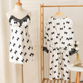 Nyomtatott csipke köntös szett női 2 részes szatén fürdőköpeny pántos hálóing fehérnemű Nyári V-nyakú hálóruha nappali viselet