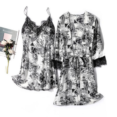 Nyomtatott csipke köntös szett női 2 részes szatén fürdőköpeny pántos hálóing fehérnemű Nyári V-nyakú hálóruha nappali viselet