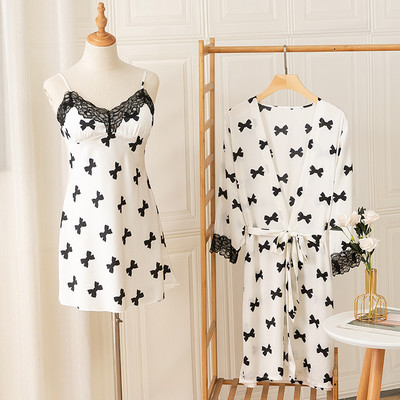 Nyomtatott csipke köntös szett női 2 részes szatén fürdőköpeny pántos hálóing fehérnemű Nyári V-nyakú hálóruha nappali viselet