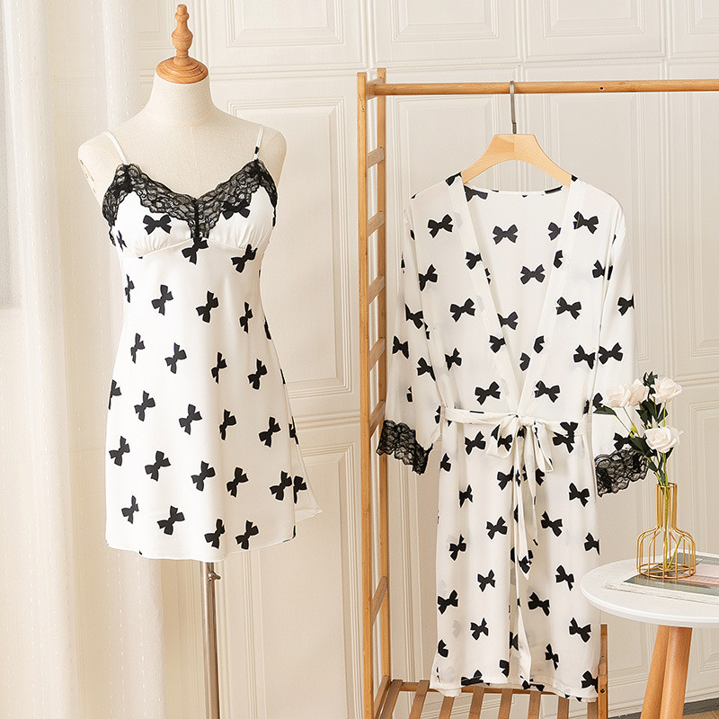 Nyomtatott csipke köntös szett női 2 részes szatén fürdőköpeny pántos hálóing fehérnemű Nyári V-nyakú hálóruha nappali viselet