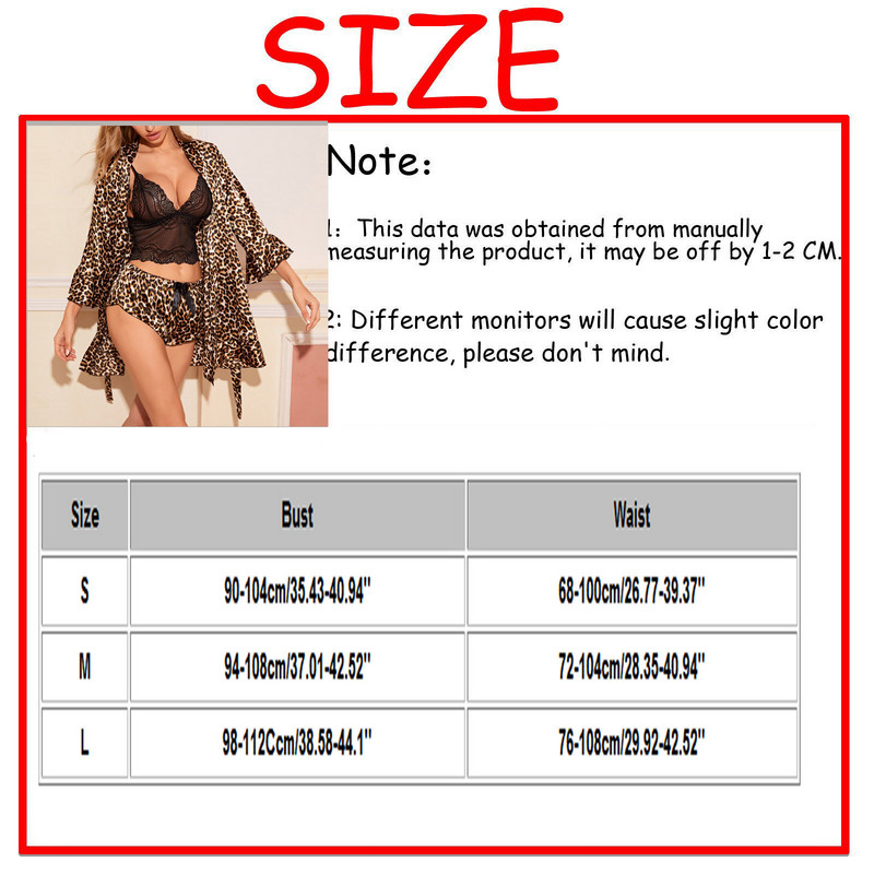 Modes Sieviešu Sieviešu Sexy Leopard Printed Mežģīnes Satīna Seksīga apakšveļa ar garām piedurknēm Mājas 3-daļīgs Kimono Peldmēteļa komplekts Mājas apģērbs#g3