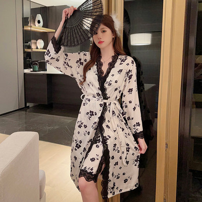 Σέξι λουλούδι στάμπα 2 τμχ Ρόμπες Σετ Σατέν Κιμονό Μπουρνούζι Φόρεμα Δαντέλα Συνονθύλευμα Casual Ρόμπες Γυναικείο Νυχτικό με λουράκι σπαγγέτι