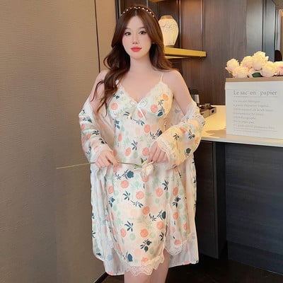Σέξι λουλούδι στάμπα 2 τμχ Ρόμπες Σετ Σατέν Κιμονό Μπουρνούζι Φόρεμα Δαντέλα Συνονθύλευμα Casual Ρόμπες Γυναικείο Νυχτικό με λουράκι σπαγγέτι