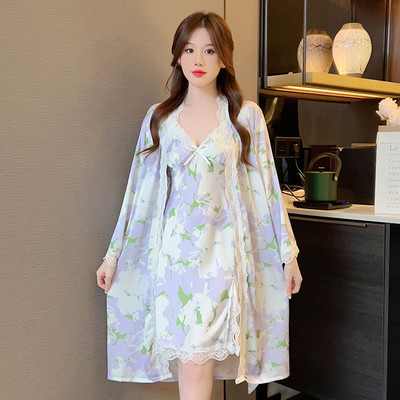 Σέξι λουλούδι στάμπα 2 τμχ Ρόμπες Σετ Σατέν Κιμονό Μπουρνούζι Φόρεμα Δαντέλα Συνονθύλευμα Casual Ρόμπες Γυναικείο Νυχτικό με λουράκι σπαγγέτι