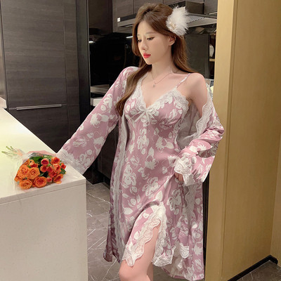 Σέξι λουλούδι στάμπα 2 τμχ Ρόμπες Σετ Σατέν Κιμονό Μπουρνούζι Φόρεμα Δαντέλα Συνονθύλευμα Casual Ρόμπες Γυναικείο Νυχτικό με λουράκι σπαγγέτι