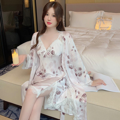 Σέξι λουλούδι στάμπα 2 τμχ Ρόμπες Σετ Σατέν Κιμονό Μπουρνούζι Φόρεμα Δαντέλα Συνονθύλευμα Casual Ρόμπες Γυναικείο Νυχτικό με λουράκι σπαγγέτι