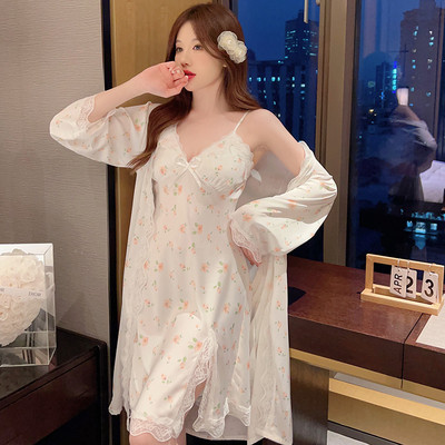 Σέξι λουλούδι στάμπα 2 τμχ Ρόμπες Σετ Σατέν Κιμονό Μπουρνούζι Φόρεμα Δαντέλα Συνονθύλευμα Casual Ρόμπες Γυναικείο Νυχτικό με λουράκι σπαγγέτι