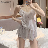 Pizsama szettek Női Elegáns, légáteresztő nyári divatos hálóruha Női Ujjatlan kauzális Háziruházat Koreai stílusú napi főiskolai nyomat
