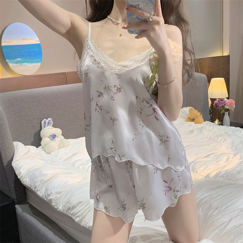 Pizsama szettek Női Elegáns, légáteresztő nyári divatos hálóruha Női Ujjatlan kauzális Háziruházat Koreai stílusú napi főiskolai nyomat