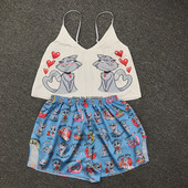 Cartoon Cat Print Pidžaamakomplektid Mustrid Naiste pidžaamarihm Varrukateta seksikas magamisriiete komplekt Naiste suveõhtute kodu ülikond