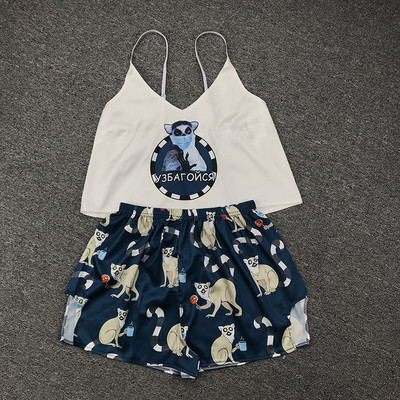 Cartoon Cat Print Pidžaamakomplektid Mustrid Naiste pidžaamarihm Varrukateta seksikas magamisriiete komplekt Naiste suveõhtute kodu ülikond