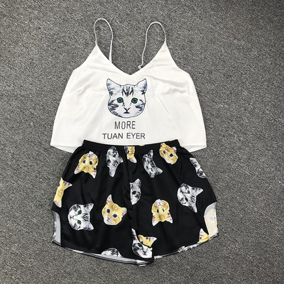 Cartoon Cat Print Pidžaamakomplektid Mustrid Naiste pidžaamarihm Varrukateta seksikas magamisriiete komplekt Naiste suveõhtute kodu ülikond