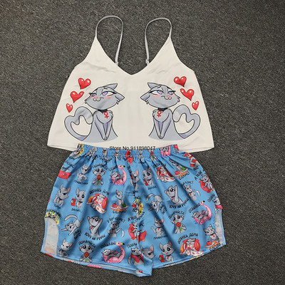 Cartoon Cat Print Pidžaamakomplektid Mustrid Naiste pidžaamarihm Varrukateta seksikas magamisriiete komplekt Naiste suveõhtute kodu ülikond