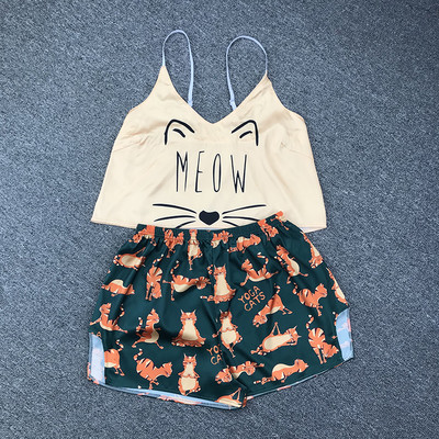 Cartoon Cat Print Pidžaamakomplektid Mustrid Naiste pidžaamarihm Varrukateta seksikas magamisriiete komplekt Naiste suveõhtute kodu ülikond