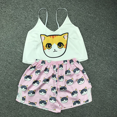 Cartoon Cat Print Pidžaamakomplektid Mustrid Naiste pidžaamarihm Varrukateta seksikas magamisriiete komplekt Naiste suveõhtute kodu ülikond