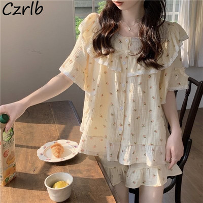 Комплекти пижами с флорални мотиви Дамски летни Ins Lace Design Модни спални дрехи в корейски стил Ежедневни свободни студентски момичета Kawaii All-match Chic