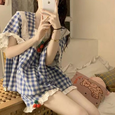 Ziedu pidžamu komplekti Sieviešu Vasaras Ins Mežģīņu Dizains Mode Korejiešu Stila guļamveļa Ikdienišķs Brīvs College Girls Kawaii Vispārīgs šiks