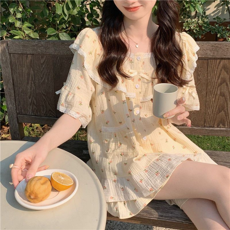 Ziedu pidžamu komplekti Sieviešu Vasaras Ins Mežģīņu Dizains Mode Korejiešu Stila guļamveļa Ikdienišķs Brīvs College Girls Kawaii Vispārīgs šiks