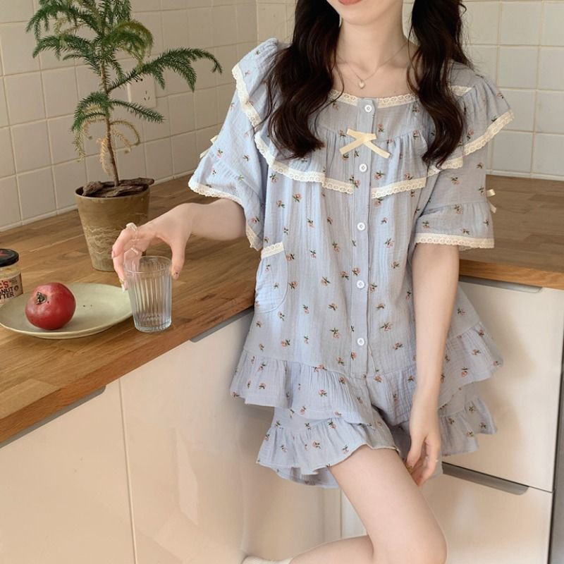 Ziedu pidžamu komplekti Sieviešu Vasaras Ins Mežģīņu Dizains Mode Korejiešu Stila guļamveļa Ikdienišķs Brīvs College Girls Kawaii Vispārīgs šiks