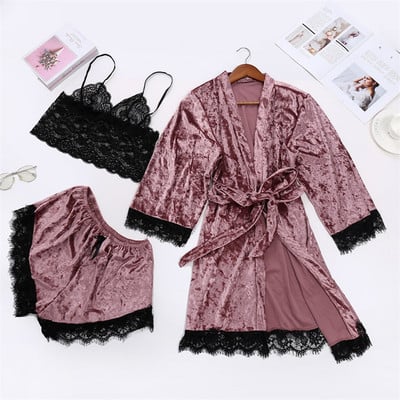 2021 Σέξι δαντέλα νυχτικά κοστούμι πιτζάμες οικεία γυναικεία εσώρουχα βελούδινα σετ ύπνου Κιμονό Ρόμπα βελούδινα μαλακά ρούχα ύπνου
