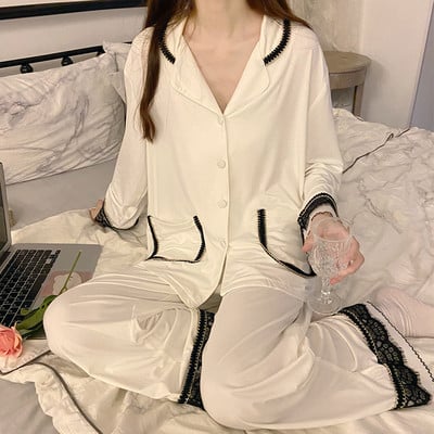 Szexi csipke tavaszi pizsamagarnitúrák női nagyméretű M-3XL elegáns, elegáns, patchwork hosszú ujjú zsebek magas derekú hálóruha puha