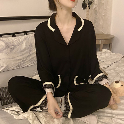 Szexi csipke tavaszi pizsamagarnitúrák női nagyméretű M-3XL elegáns, elegáns, patchwork hosszú ujjú zsebek magas derekú hálóruha puha