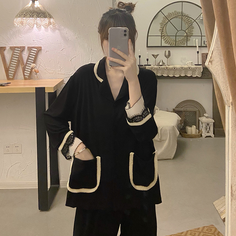 Szexi csipke tavaszi pizsamagarnitúrák női nagyméretű M-3XL elegáns, elegáns, patchwork hosszú ujjú zsebek magas derekú hálóruha puha