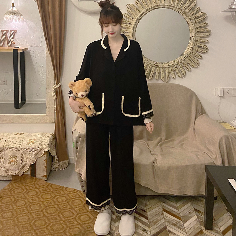 Szexi csipke tavaszi pizsamagarnitúrák női nagyméretű M-3XL elegáns, elegáns, patchwork hosszú ujjú zsebek magas derekú hálóruha puha