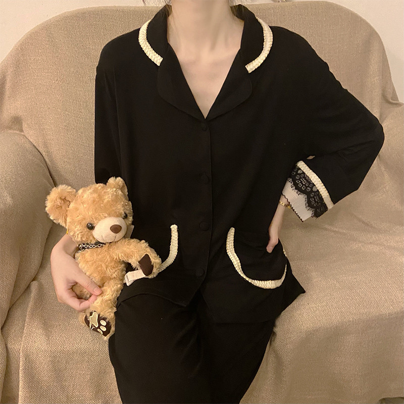 Szexi csipke tavaszi pizsamagarnitúrák női nagyméretű M-3XL elegáns, elegáns, patchwork hosszú ujjú zsebek magas derekú hálóruha puha