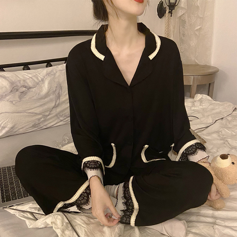 Szexi csipke tavaszi pizsamagarnitúrák női nagyméretű M-3XL elegáns, elegáns, patchwork hosszú ujjú zsebek magas derekú hálóruha puha