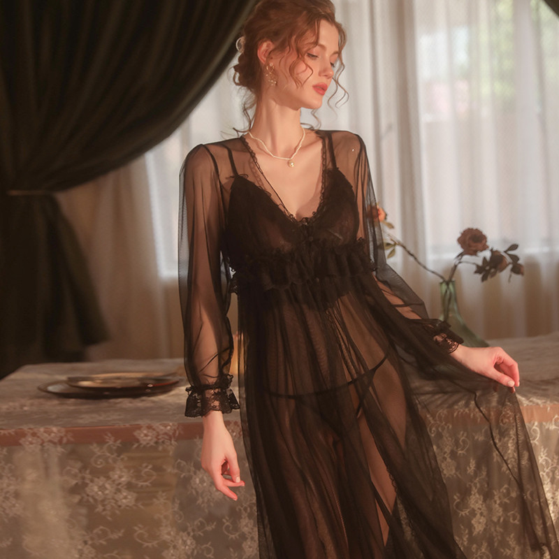 MECHCITIZ 2 db-os köntös szett hálóingekkel Női hálóruha Szexi csipkés alvóruha, hosszú ujjú fehérnemű Női fürdőköpeny háziruha