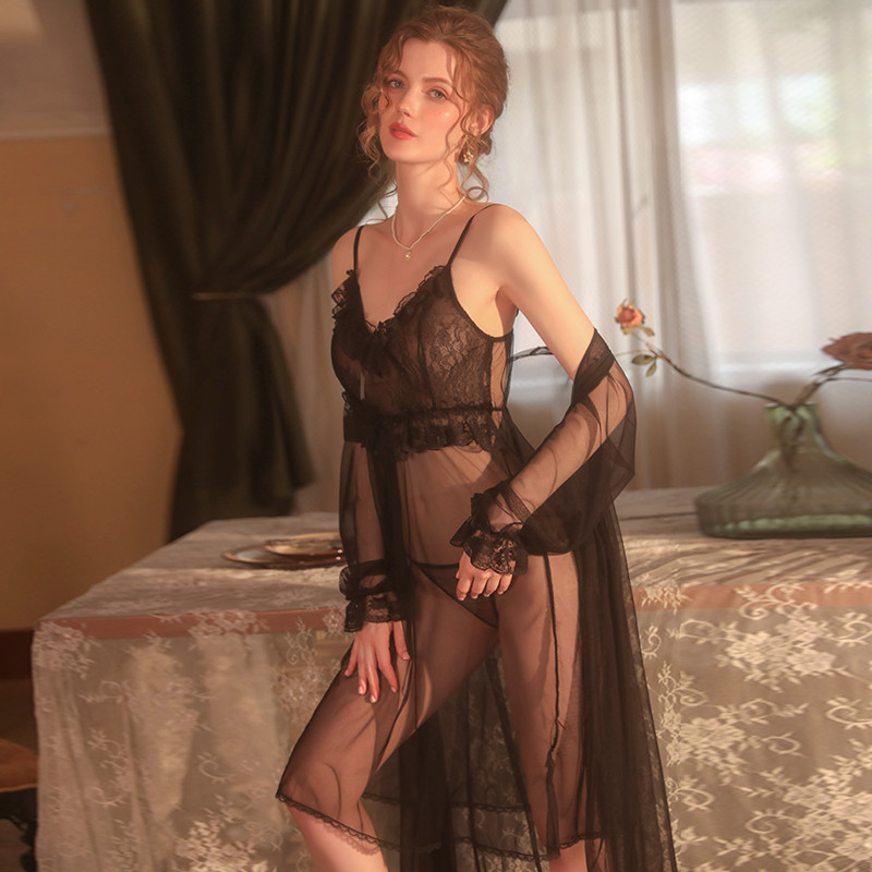 MECHCITIZ 2 db-os köntös szett hálóingekkel Női hálóruha Szexi csipkés alvóruha, hosszú ujjú fehérnemű Női fürdőköpeny háziruha