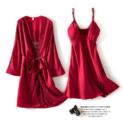 Seksi čipkasti spavaći ogrtač za spavanje + noćna haljina proljeće ljeto Ženski satenski ogrtači i kompleti haljina s jastučićima za prsa