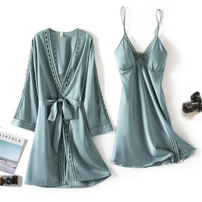 Seksi čipkasti spavaći ogrtač za spavanje + noćna haljina proljeće ljeto Ženski satenski ogrtači i kompleti haljina s jastučićima za prsa