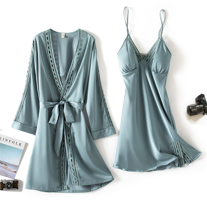 Seksi čipkasti spavaći ogrtač za spavanje + noćna haljina proljeće ljeto Ženski satenski ogrtači i kompleti haljina s jastučićima za prsa