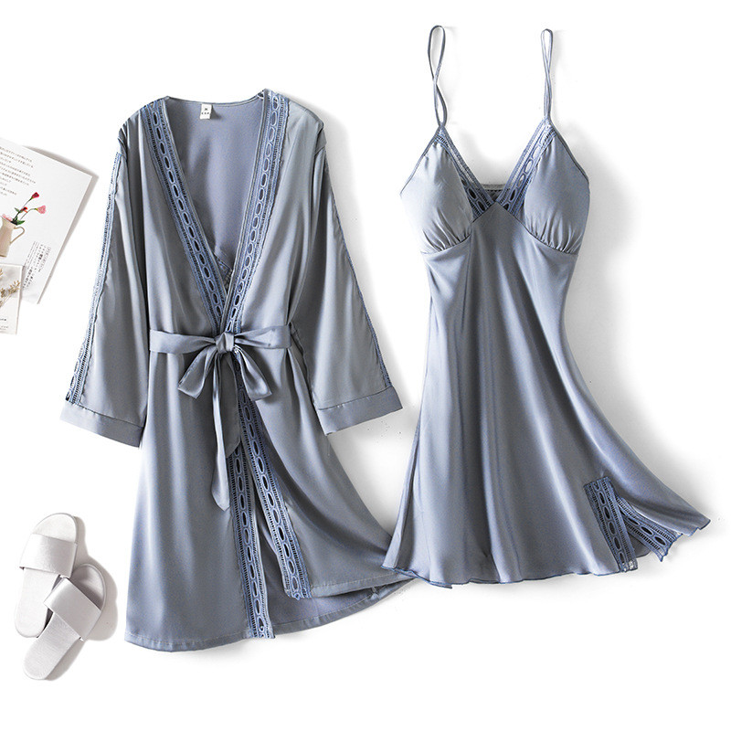Seksi čipkasti spavaći ogrtač za spavanje + noćna haljina proljeće ljeto Ženski satenski ogrtači i kompleti haljina s jastučićima za prsa