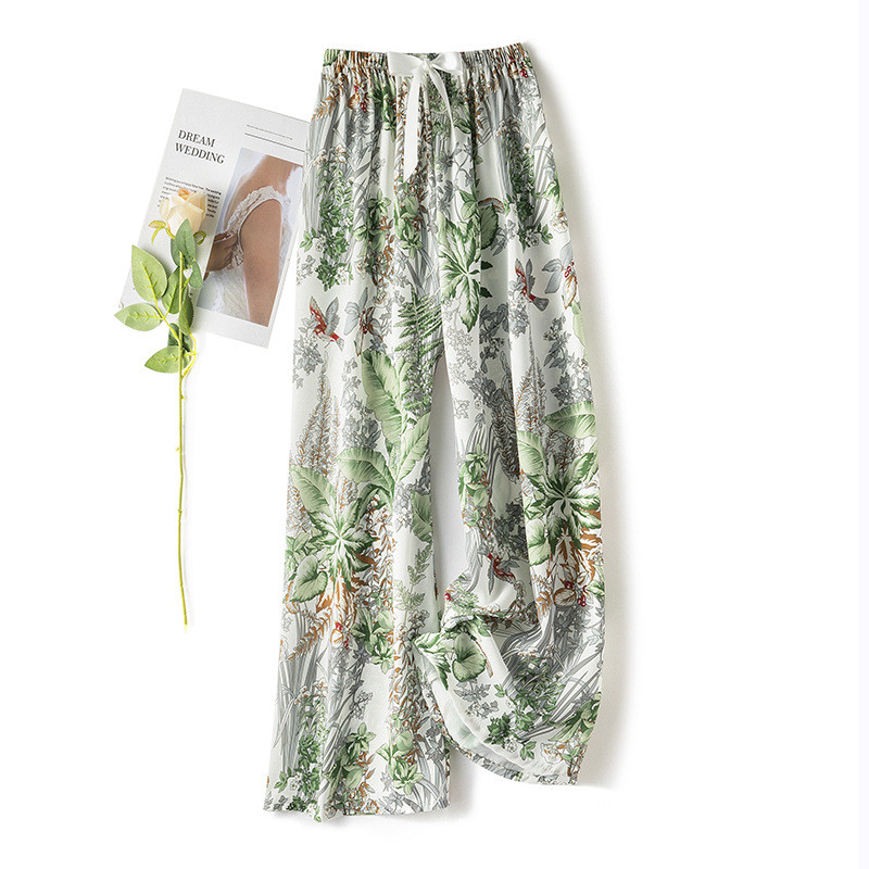 Jégselyem tavaszi nyár női virágos nadrág széles szárú pizsama nadrág bő elasztikus deréknadrág otthoni nadrág Női aranyos alsó