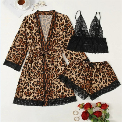 Új 3 részes női pizsama szettek Műselyem virágos kimonó köntös Hálóruha szettek Szexi csipke Divat Alkalmi otthoni ruhák Hálóruhák